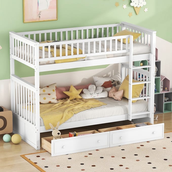 Sweiko 90x200cm Stapelbed, Kinderbed, Functionele bed, Stapelbed met 2 lades, Converteerbare bedden, Wit