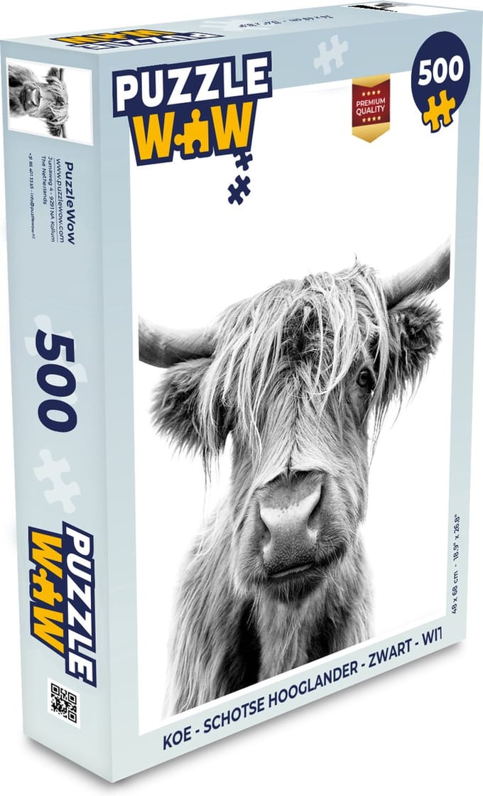 Puzzel Koe - Schotse Hooglander - Zwart - Wit - Legpuzzel - Puzzel 500 stukjes