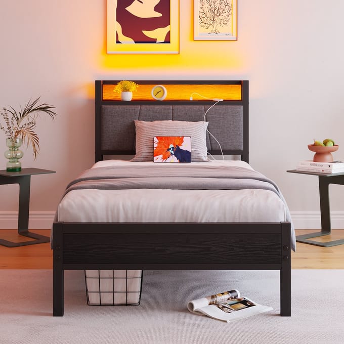 Bedframe - 90x200 cm - Hoofdbord met LED en USB - Stevige Lattenbodem - Metaal