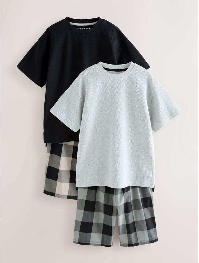 Next - Jongens - 2 Pack Geweven Ruit Oversized Pyjama's - Grijs
