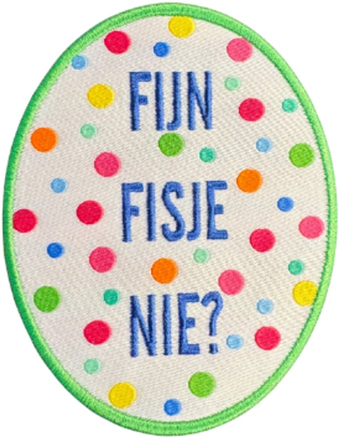 Strijkembleem “fijn fisje nie?” – 8 cm confetti