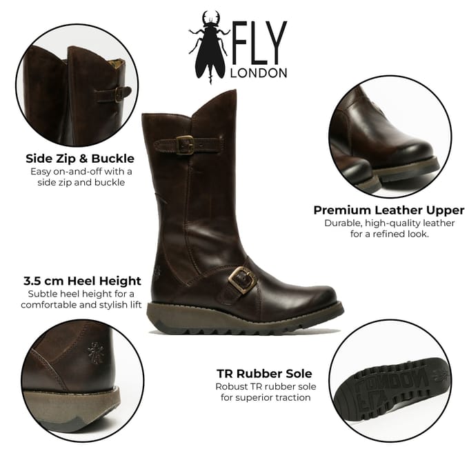 Fly London Dames Bruine MES 2 Wedge Heel Buckle Mid-Calf Leren Zip Platform Laarzen