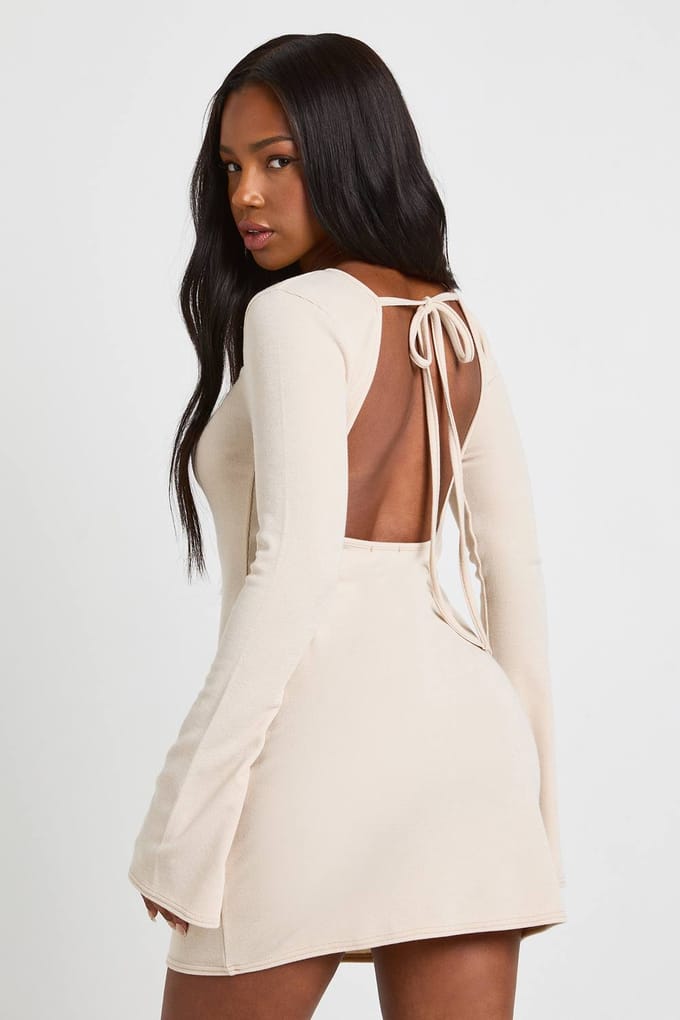 boohoo Dames Geribbelde Lange Mouwen Shift Jurk | Beige | Maat: 12