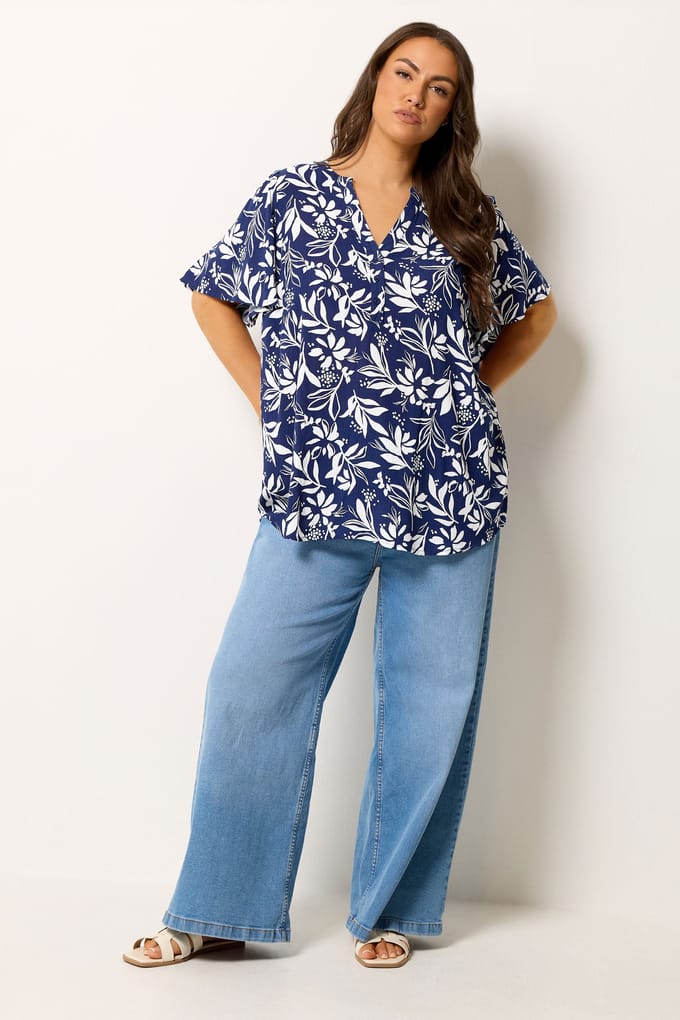 Yours Marineblauwe Top Met Bladvormige Vhals Size 42