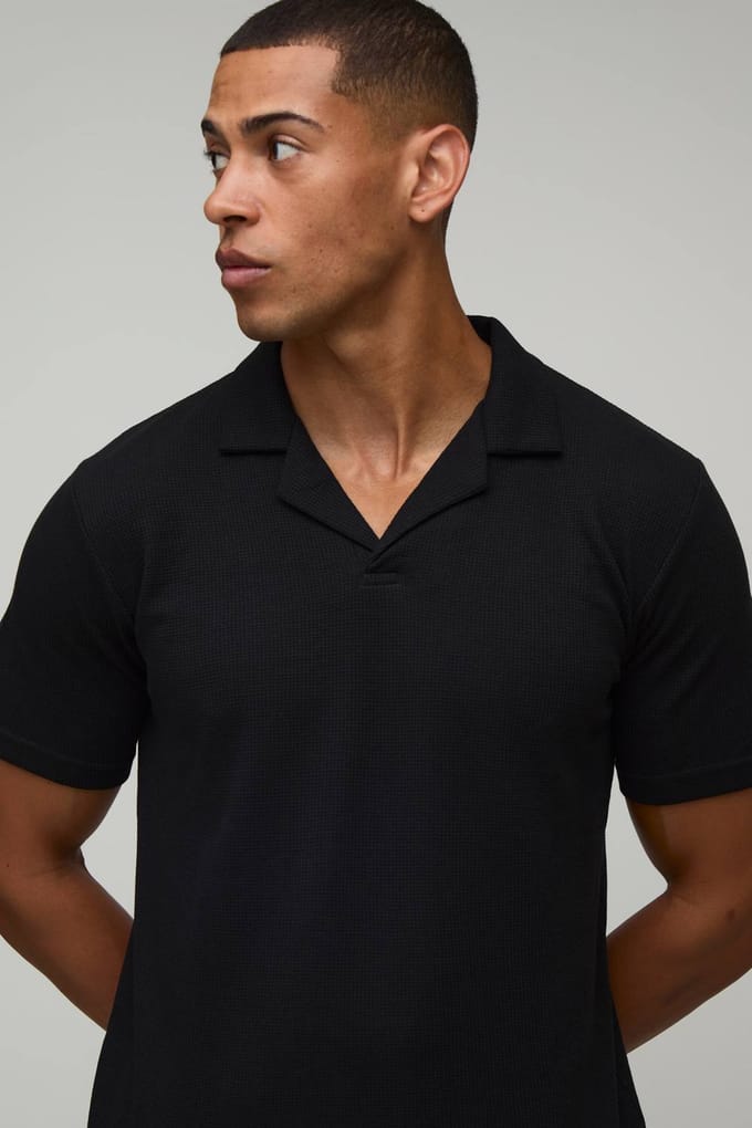 Slim Fit Waffle Revere Polo & Shorts Set | Black | Size Medium