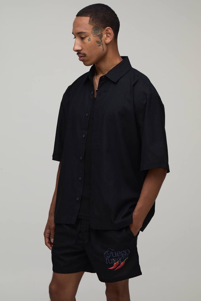 Oversized Half Sleeve Chilli Shirt and Relaxed Short | Black | Size 2XL