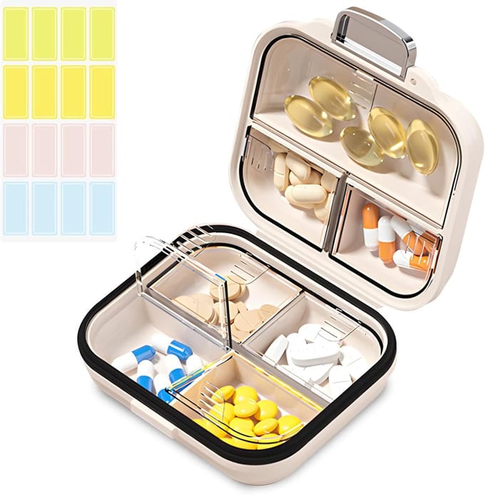 Reispillendoos met labels, 7 compartimenten, draagbare minipillendoos, dagelijkse medicijnorganizer en pillendoos voor zakapotheek (parelwit)