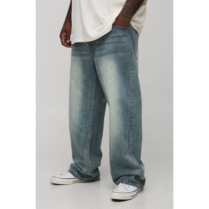 Plus Rechtlopende Extreme Washed Geweven Tab Jeans | Blue | Size 46R