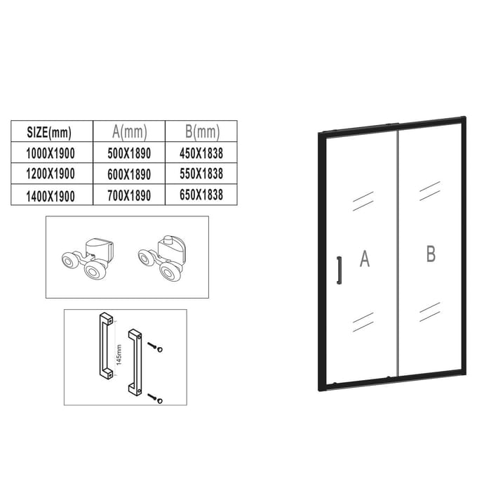Badplaats Douchewand Calgary 140 x 190 cm – 6 mm Transparant Veiligheidsglas – Inclusief Schuifdeur – Inloopdouche – Zwart