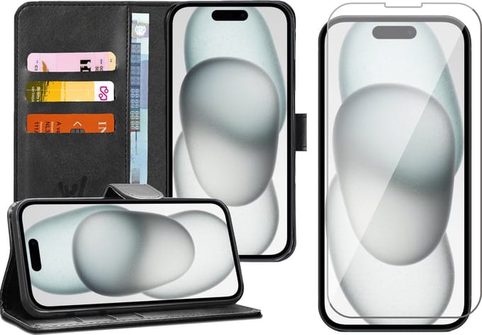 Hoesje geschikt voor iPhone 15 Plus - Screen Protector GlassGuard - Book Case Kunstleer Pasjeshouder Zwart & Screenprotector