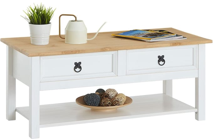 Mexicaanse salontafel TEQUILA van massief hout met 2 lades - wit/bruin