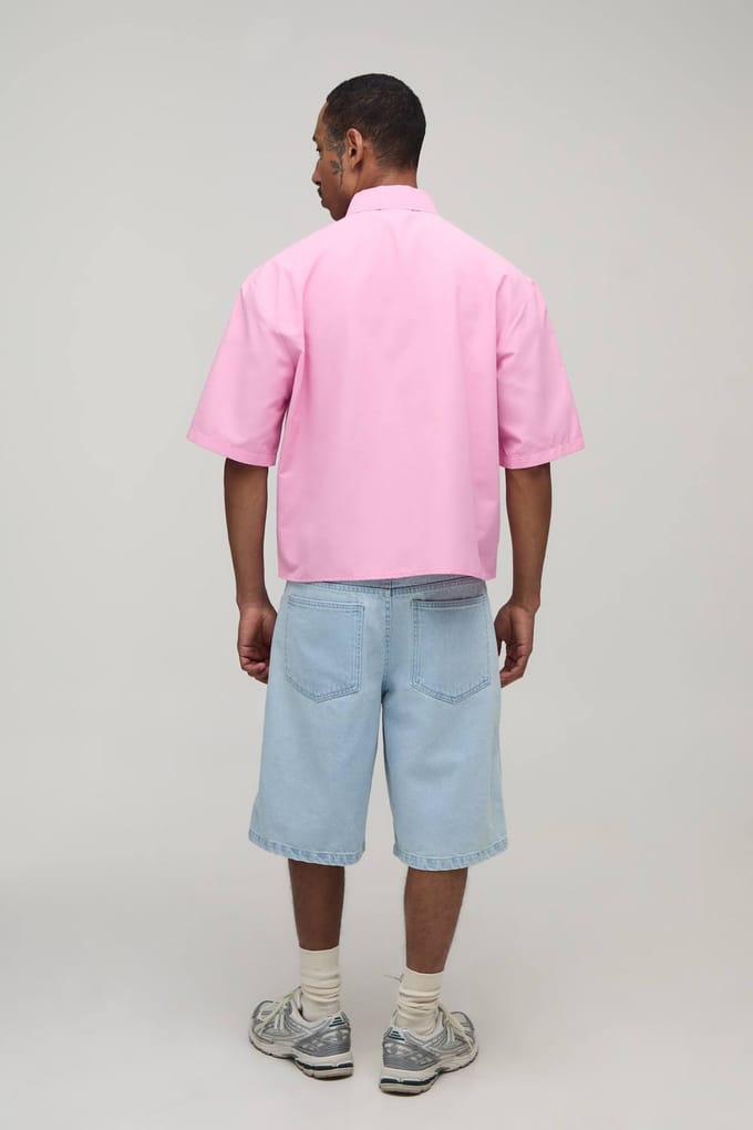 Oversized Boxy Shirt Met Halve Mouw En Stropdas | Pink | Size Large