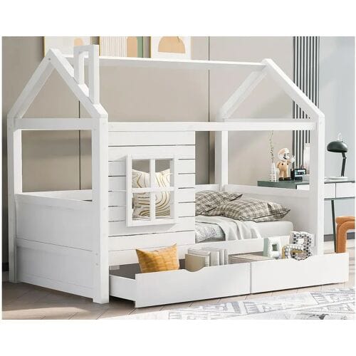 ModernLuxe Kajuitbed 90x200 cm met 2 lades - huisvormig - massief hout - Wit