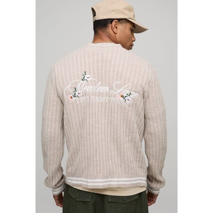Men's Boxy Floral Varsity Geborduurde Jacquard Gebreide Cardigan | Ecru | Size Medium