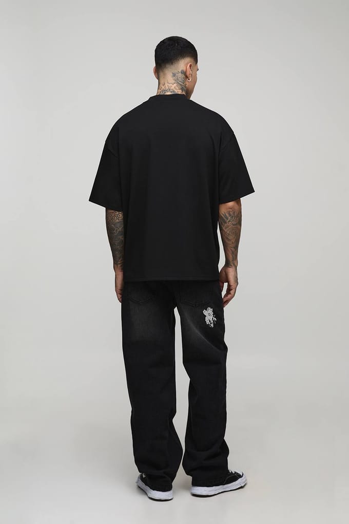 Hoge Relaxte Stijve Bloemen Geborduurde Jeans | Washed Black | Size 36