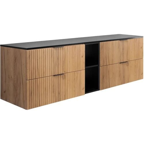 Geribbelde badmeubel FLOW 180 cm eiken met zwart rek en blad