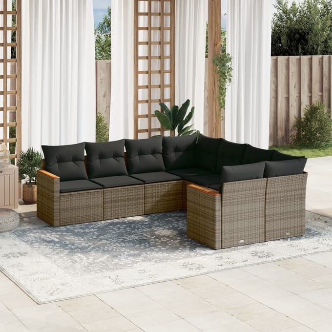 vidaXL - 8-delige - Loungeset - met - kussens - poly - rattan - grijs