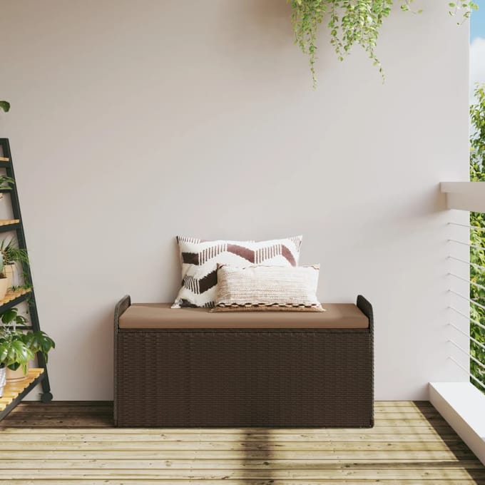 vidaXL - Opbergbankje - met - kussen - 115x51x52 - cm - poly - rattan - bruin