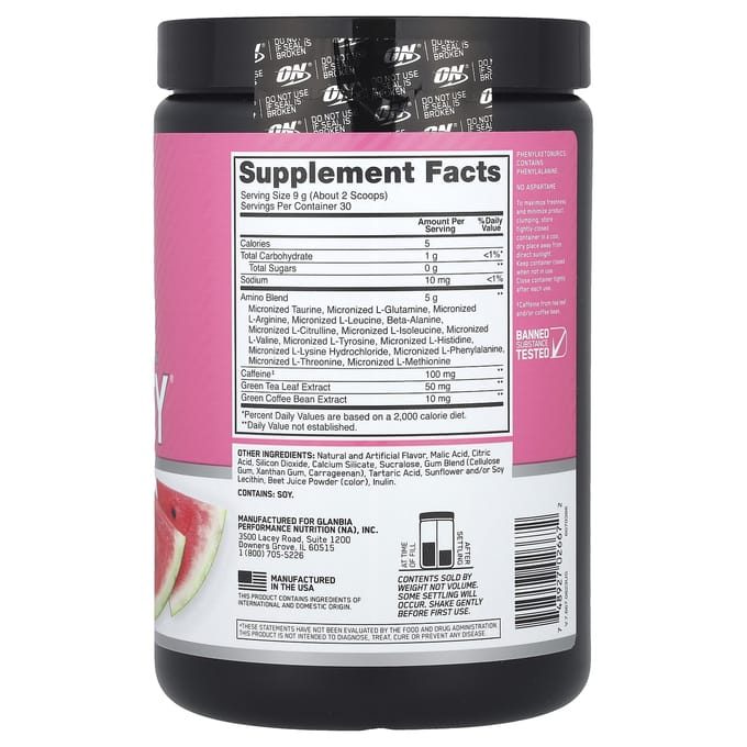 Optimum Nutrition, Acides Aminés Essentiels. OU. Energy®, Saveur Pastèque, 9,5 oz (270g)