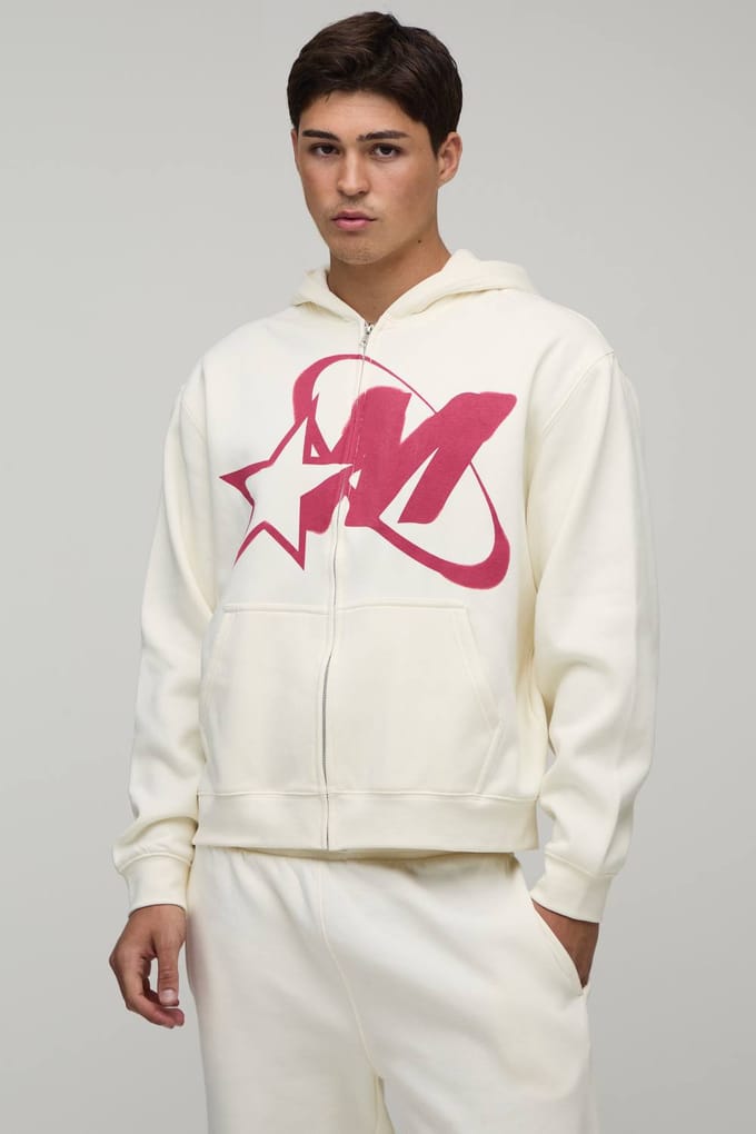 Oversized Boxy Trainingspak Met M-ster Grafische Print En Rits Met Capuchon | Ecru | Size Small