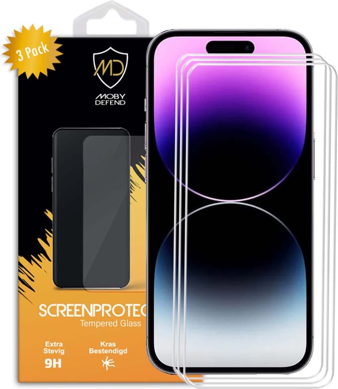 3-Pack MobyDefend Screenprotectors - Geschikt voor iPhone 14 Pro Max - Case-Friendly Screensavers - Gehard Glas