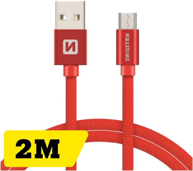 Swissten Lange Micro‑USB Oplaadkabel 2 meter – voor Samsung, Android, Powerbank & PS4 Controller – USB‑A Kabel – Rood