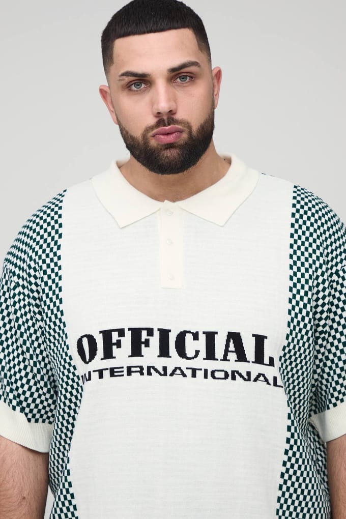 Plus Oversized Boxy Check Official Moto Gebreide Polo | Ecru | Size 2XL