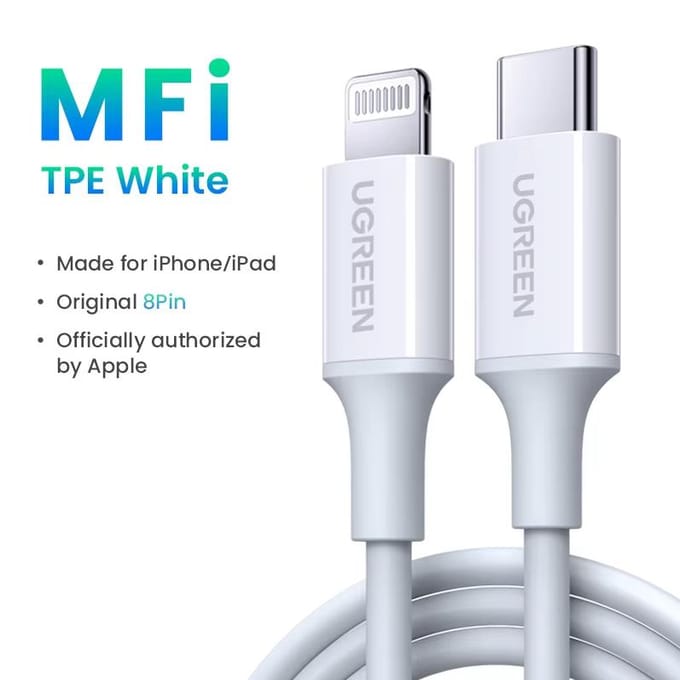 UGREEN Convient pour le câble de chargement Apple câble de données Type-C charge rapide PD30/20W vers Lightning iPhone 14/13 téléphone 2m blanc
