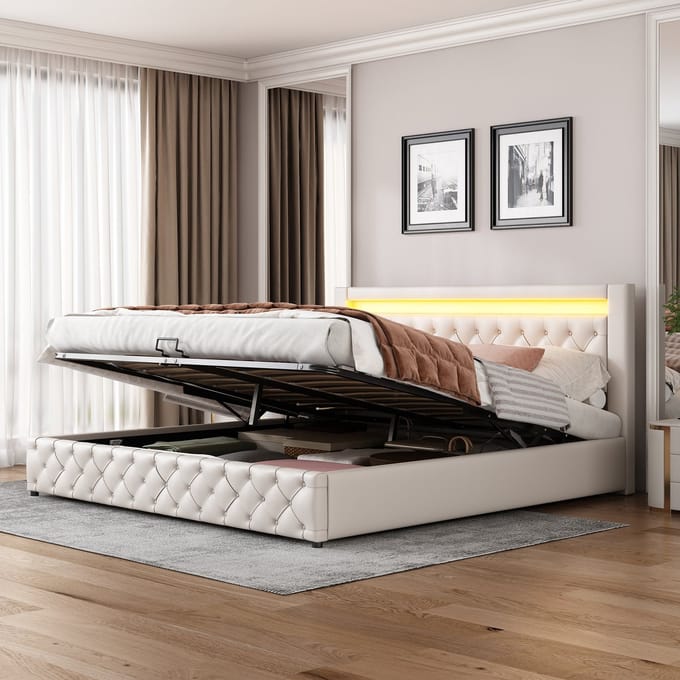 MODFU Ledikant 180x200 cm – PU wit – met opbergruimte, LED en lattenbodem – elegant design