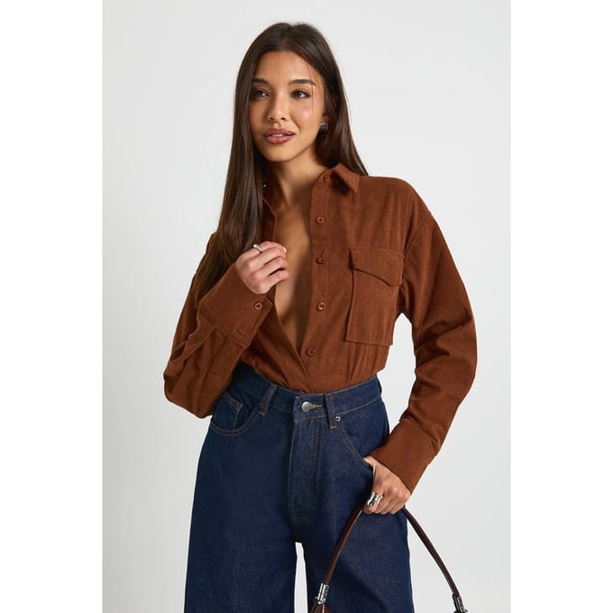 boohoo Dames Oversized cordhemd | Tan | Maat: 34