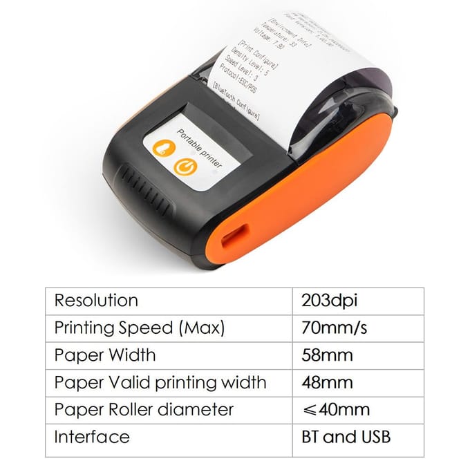 Mini-imprimante de reçus Portable 58mm, impression thermique sans fil, BT, USB, Mobile, avec rouleau de papier thermique de 2 pouces orange