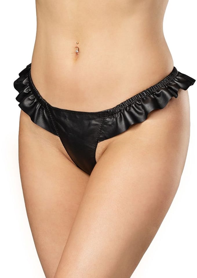 Rimba - Luxe Lederen Dames String met Ruches - Rekbare Bandjes - Zwart S/M