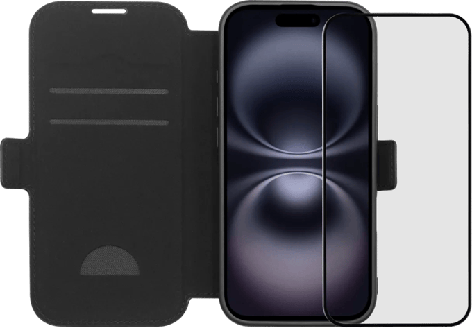BlueBuilt Apple iPhone 17 Book Case Leer Zwart + BlueBuilt iPhone 17 Screenprotector Glas