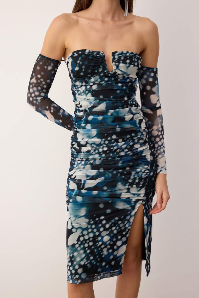 Zeer kleurrijke abstracte midi-jurk voor dames, nauwsluitend model