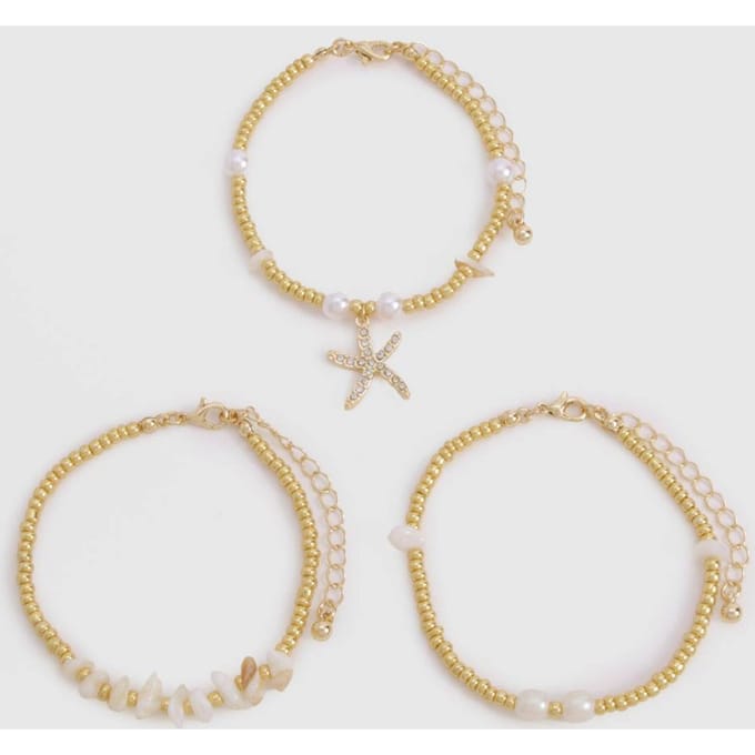 boohoo Dames Starfish & Pearl 3-Pack Armbanden | Goud