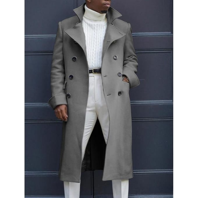 Nieuwe wollen jas herfst Britse wol dubbelrijgsknoop extra lange jas XL gray
