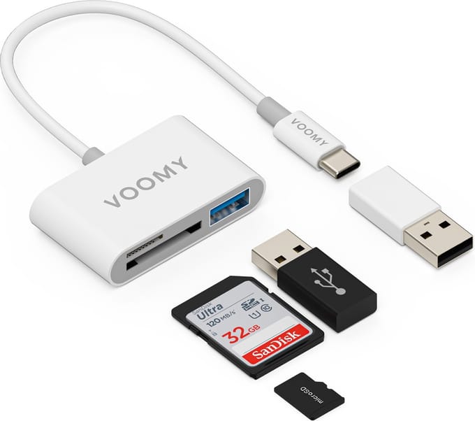 Voomy SD Kaart Lezer - 3 in 1 - SD / Micro SD / TF Card Reader - USB C & USB A - Kaartlezer Wit - Geschikt voor Laptop / Smartphone / Tablet / Universeel
