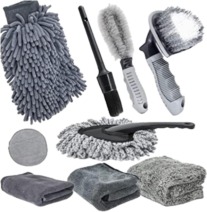 Auto poetsborstels - Detailing set - Voertuig onderhoud - Compleet met microvezel - 9 delig - Grijs