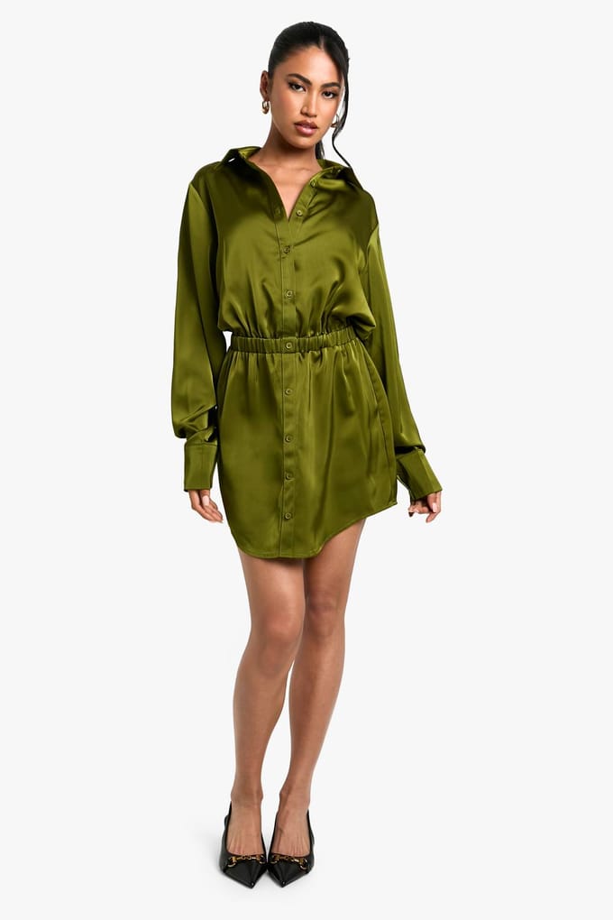 boohoo Dames Satijnen Overhemd Mini Jurk | Kaki | Maat: 36