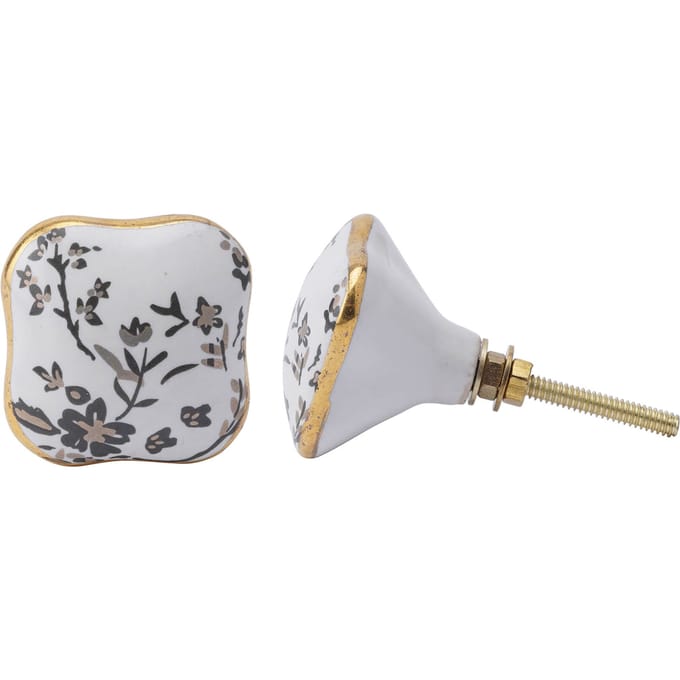 White and Grey Floral Ceramic Drawer Pull