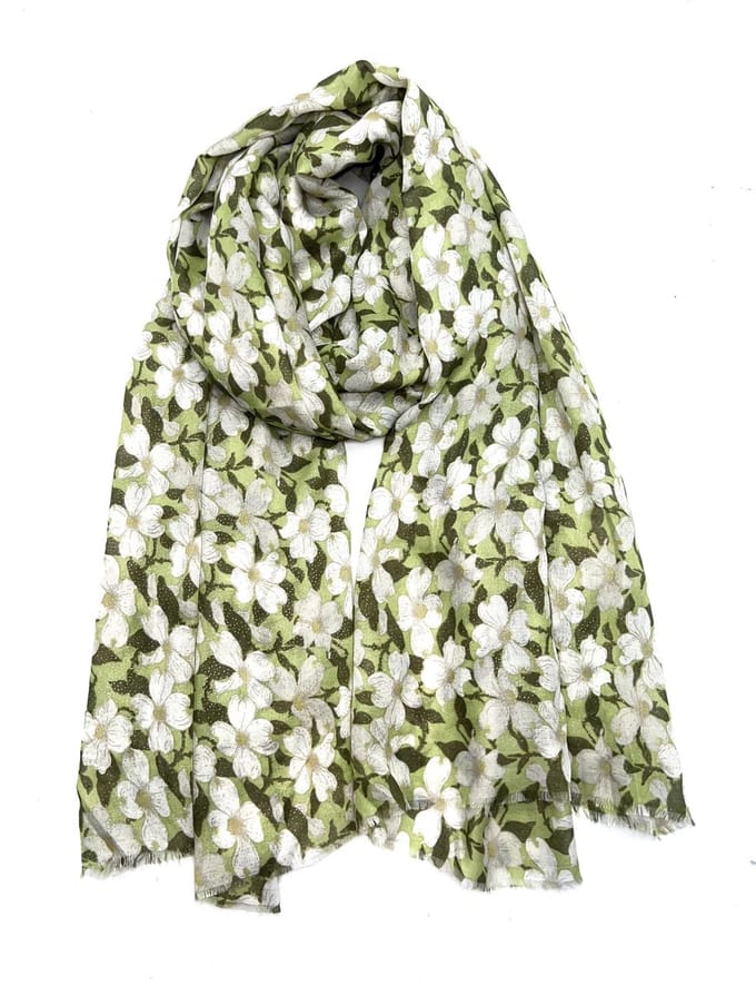 Lange dames sjaal Eefje-gebloemd motief-groen wit geel beige goud