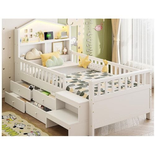 ModernLuxe Kinderbed 90x200 cm - met vier laden - met trede - met LED-verlichting - met USB + Type-C oplaadpoort - wit