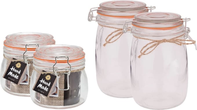 Weckpotten/inmaakpotten - set 4x - 500/1000 ml - glas - met beugelsluiting - 2 formaten