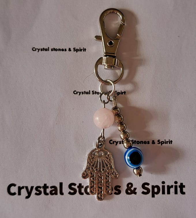 Boze Oog / Khamsa met Rozenkwarts, sleutelhanger zilverkleurig