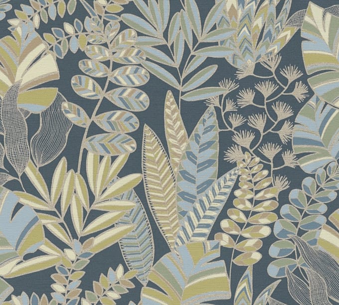 BLADEREN BEHANG | Botanisch - blauwgroen goud beige - A.S. Création Antigua