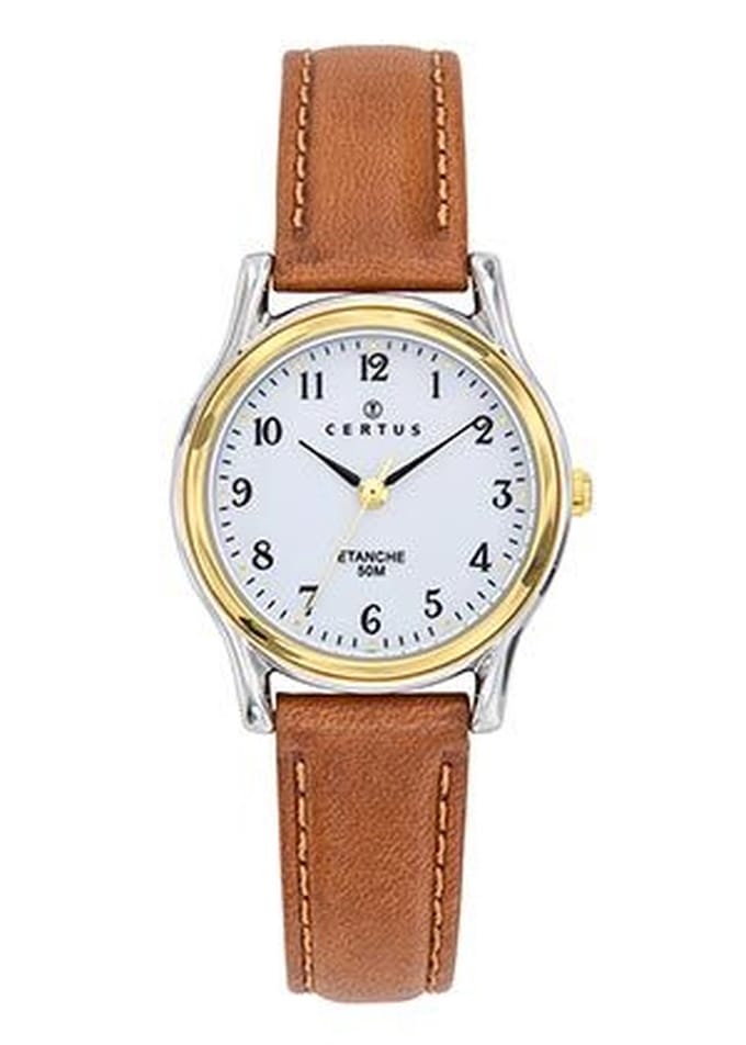 Certus-Duidelijk Dames horloge-Bruin lederen band-Bicolor.