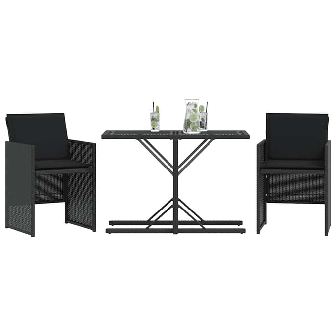 vidaXL - 3-delige - Bistroset - met - kussens - poly - rattan - zwart