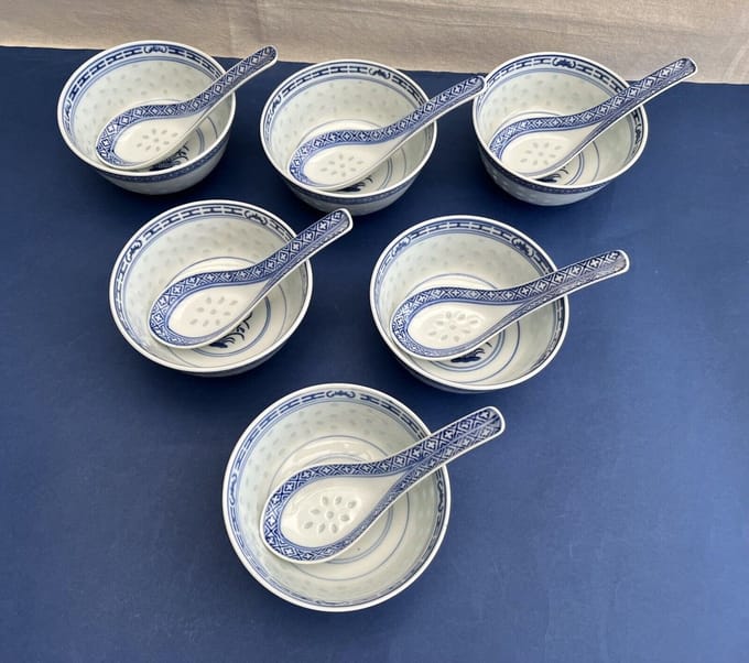 Chinese Rijstkom met lepel - Porselein - 6 set