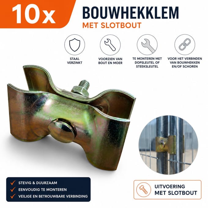Bouwhekklem standaard - Met slotbout - Set van 10 - Stalen hekverbinders