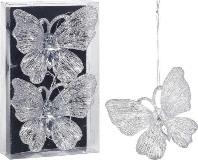 Christmas Decoration kersthangers vlinders 2x - transparant glitter 15cm